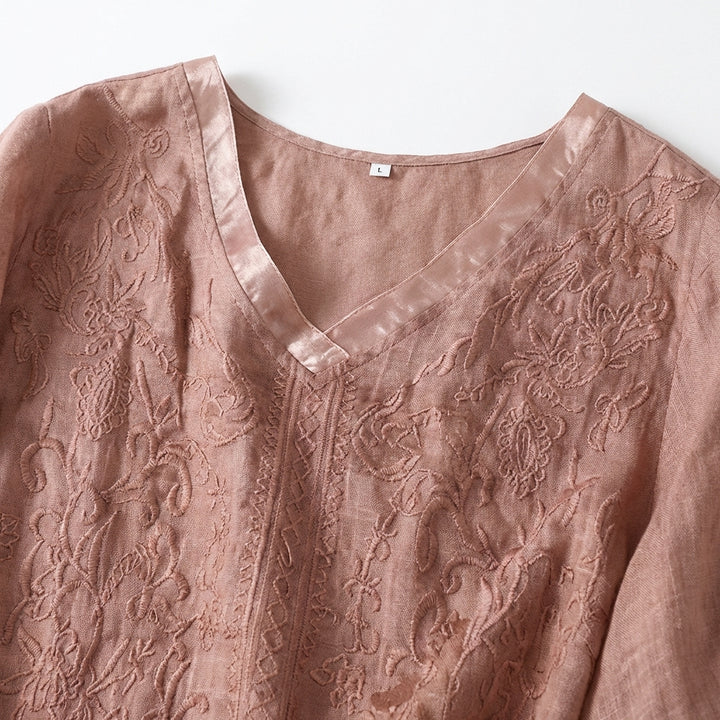 Women’s V-Neck Blouse – Embroidered Front with Three-Quarter Sleeves