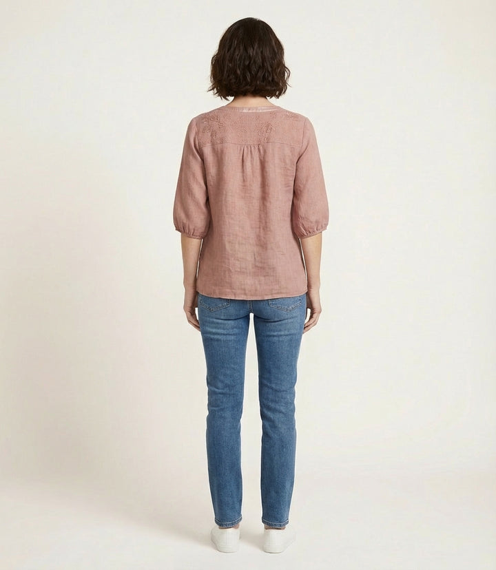 Women’s V-Neck Blouse – Embroidered Front with Three-Quarter Sleeves