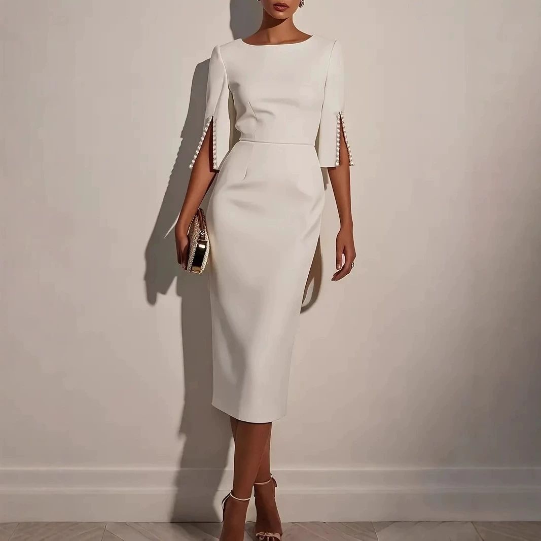 Women’s Elegant Bodycon Dress – 3/4 Sleeve Pearl Trim Slim Fit Midi Dress