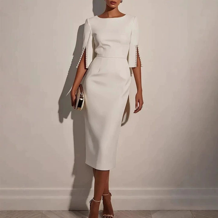 Women’s Elegant Bodycon Dress – 3/4 Sleeve Pearl Trim Slim Fit Midi Dress