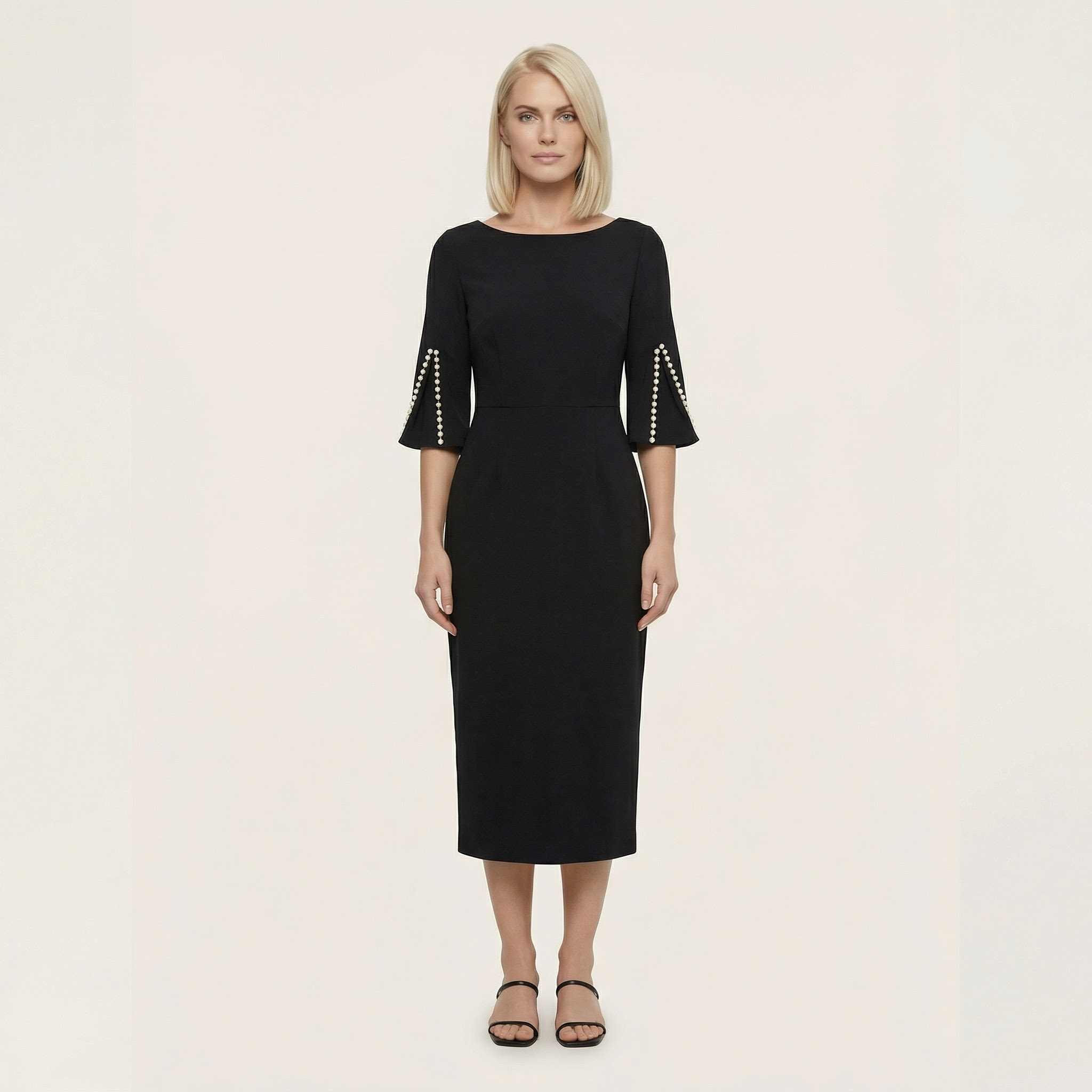 Women’s Elegant Bodycon Dress – 3/4 Sleeve Pearl Trim Slim Fit Midi Dress