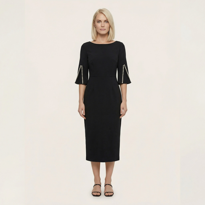 Women’s Elegant Bodycon Dress – 3/4 Sleeve Pearl Trim Slim Fit Midi Dress
