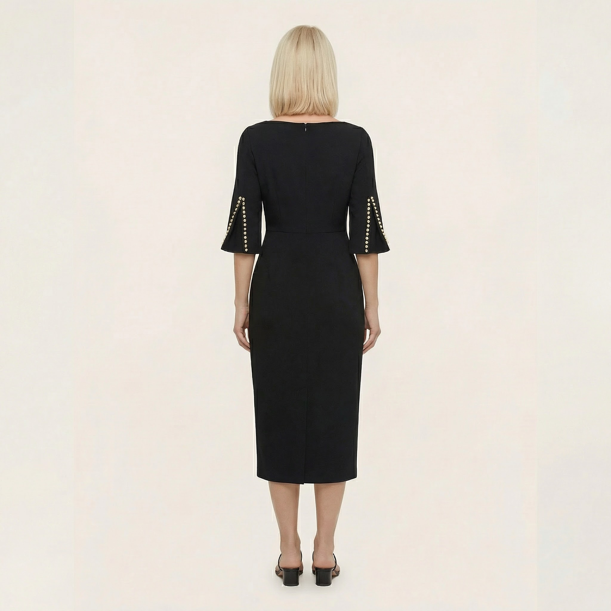 Women’s Elegant Bodycon Dress – 3/4 Sleeve Pearl Trim Slim Fit Midi Dress