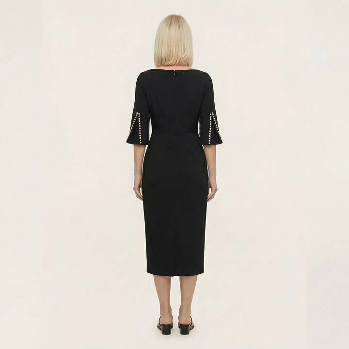 Women’s Elegant Bodycon Dress – 3/4 Sleeve Pearl Trim Slim Fit Midi Dress