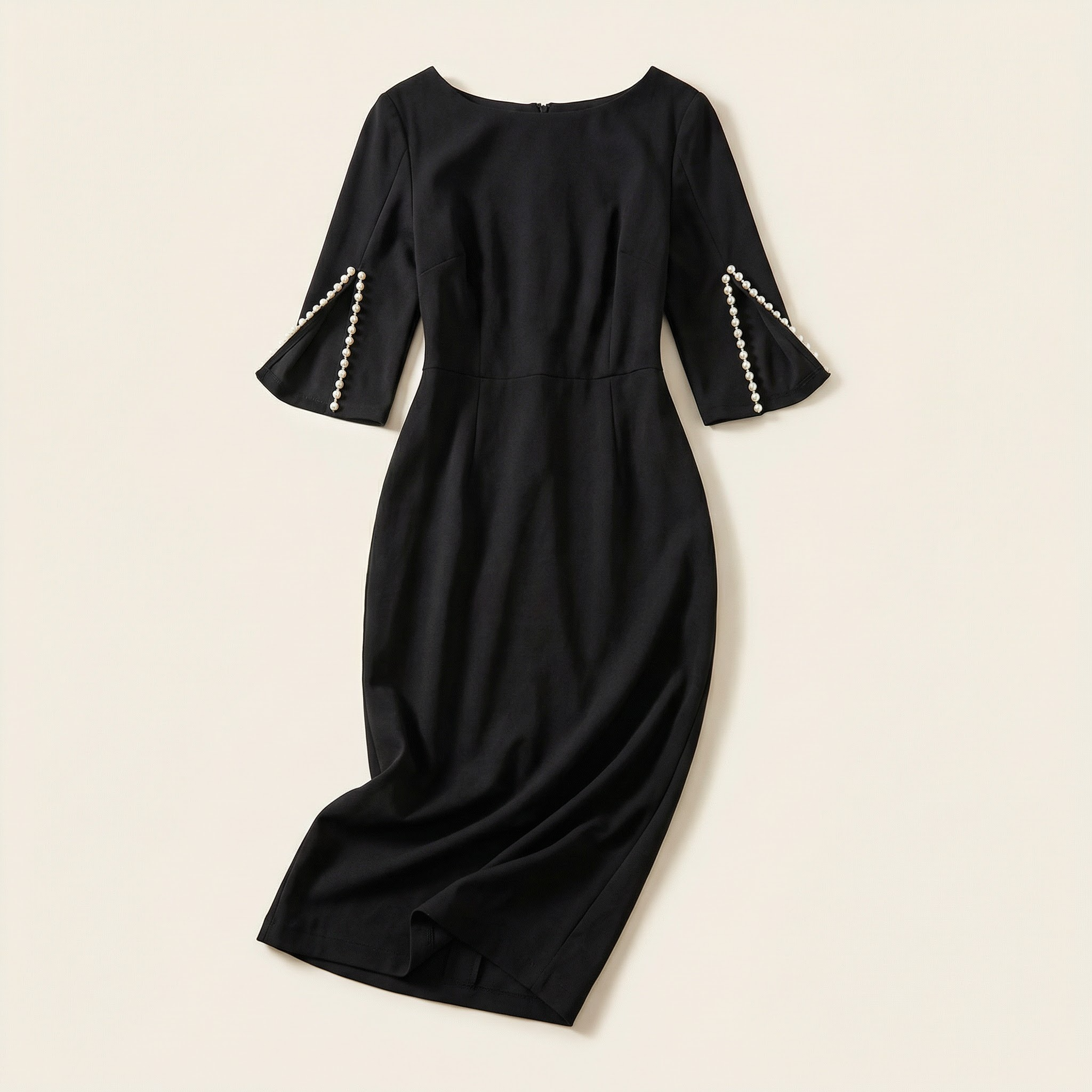 Women’s Elegant Bodycon Dress – 3/4 Sleeve Pearl Trim Slim Fit Midi Dress