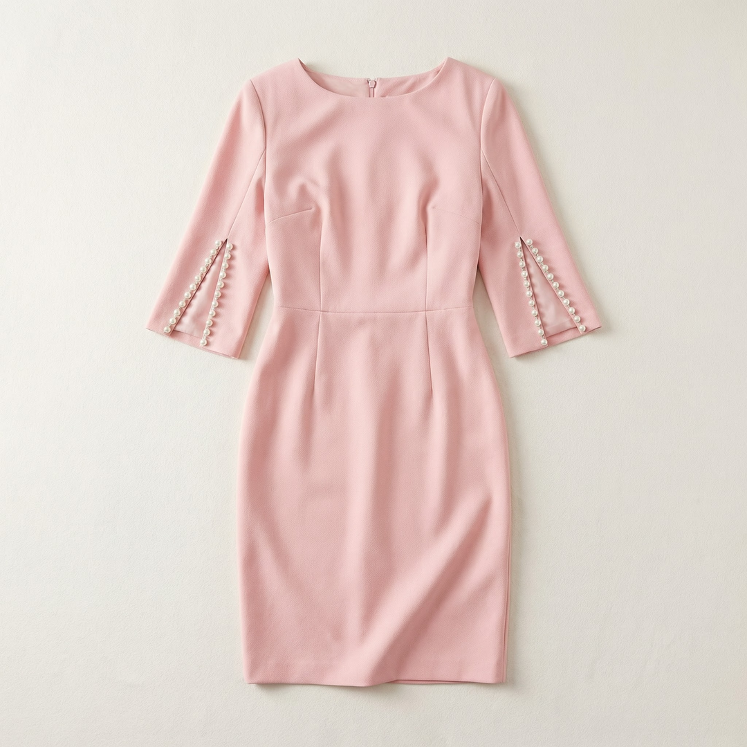 Women’s Elegant Bodycon Dress – 3/4 Sleeve Pearl Trim Slim Fit Midi Dress