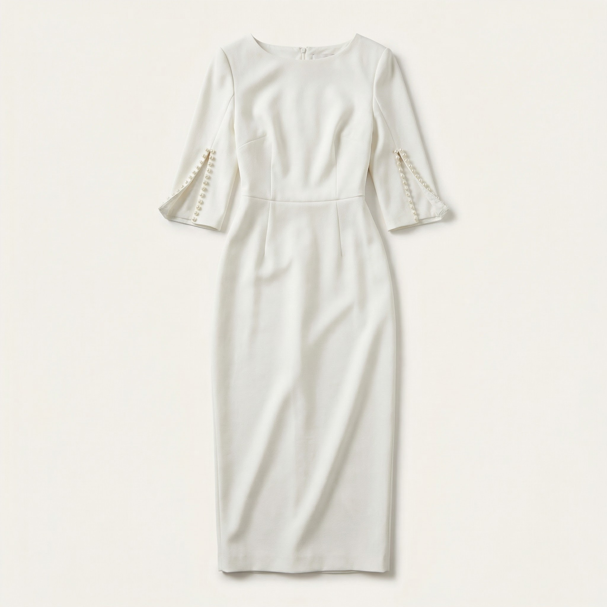 Women’s Elegant Bodycon Dress – 3/4 Sleeve Pearl Trim Slim Fit Midi Dress