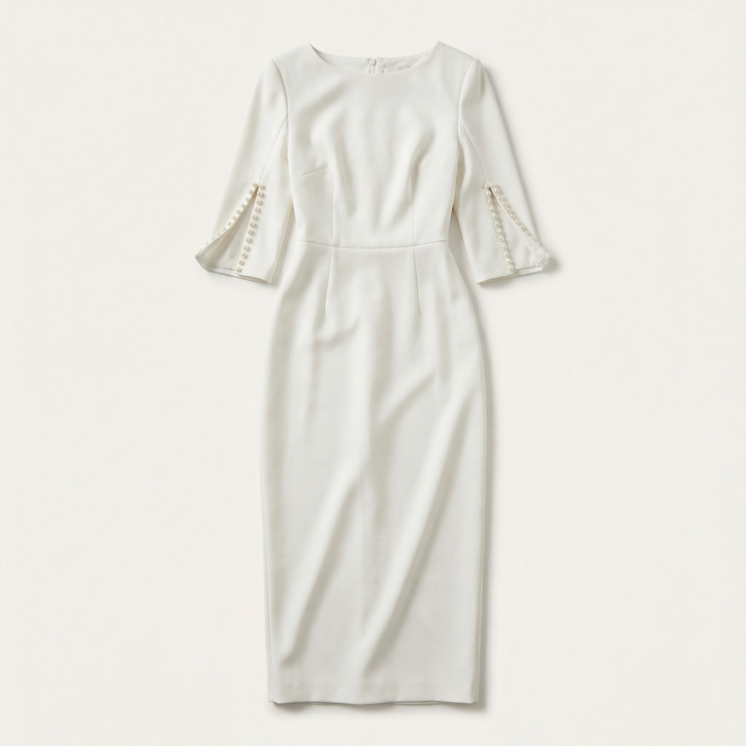 Women’s Elegant Bodycon Dress – 3/4 Sleeve Pearl Trim Slim Fit Midi Dress
