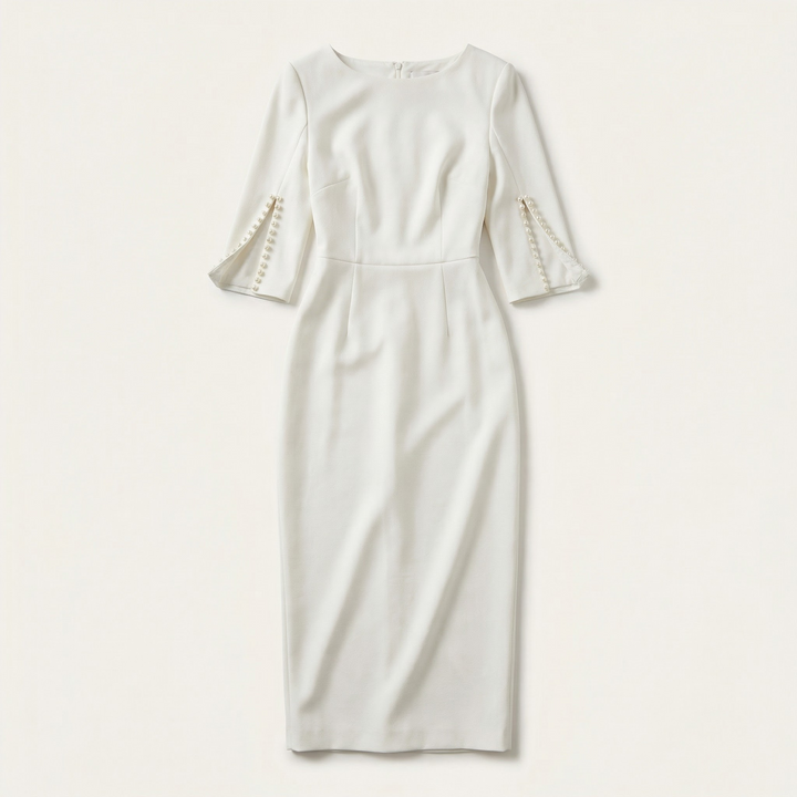 Women’s Elegant Bodycon Dress – 3/4 Sleeve Pearl Trim Slim Fit Midi Dress
