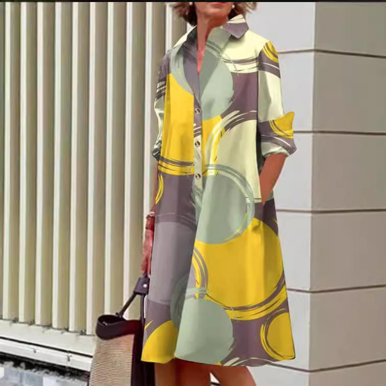 Women’s Floral Print Shirt Dress – Long Sleeve Button-Down Casual Midi Dress