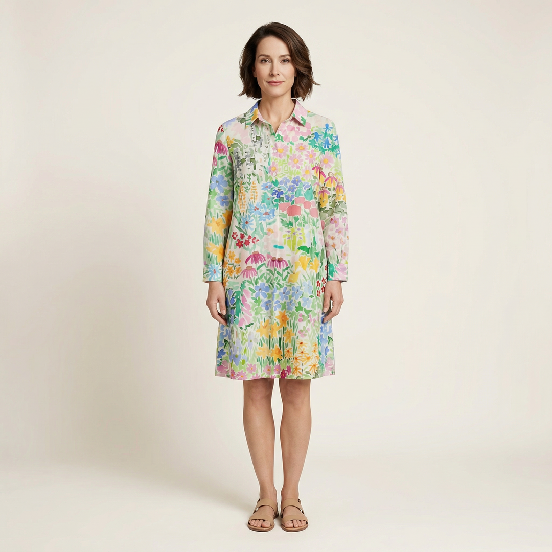 Women’s Floral Print Shirt Dress – Long Sleeve Button-Down Casual Midi Dress