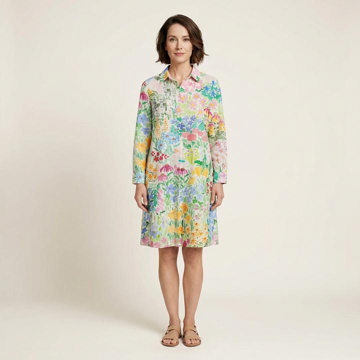 Women’s Floral Print Shirt Dress – Long Sleeve Button-Down Casual Midi Dress