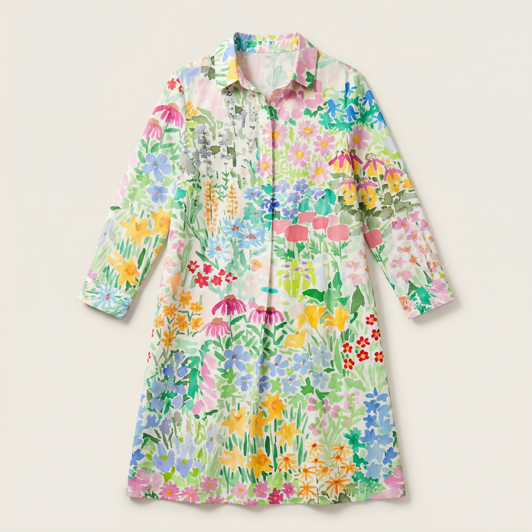 Women’s Floral Print Shirt Dress – Long Sleeve Button-Down Casual Midi Dress