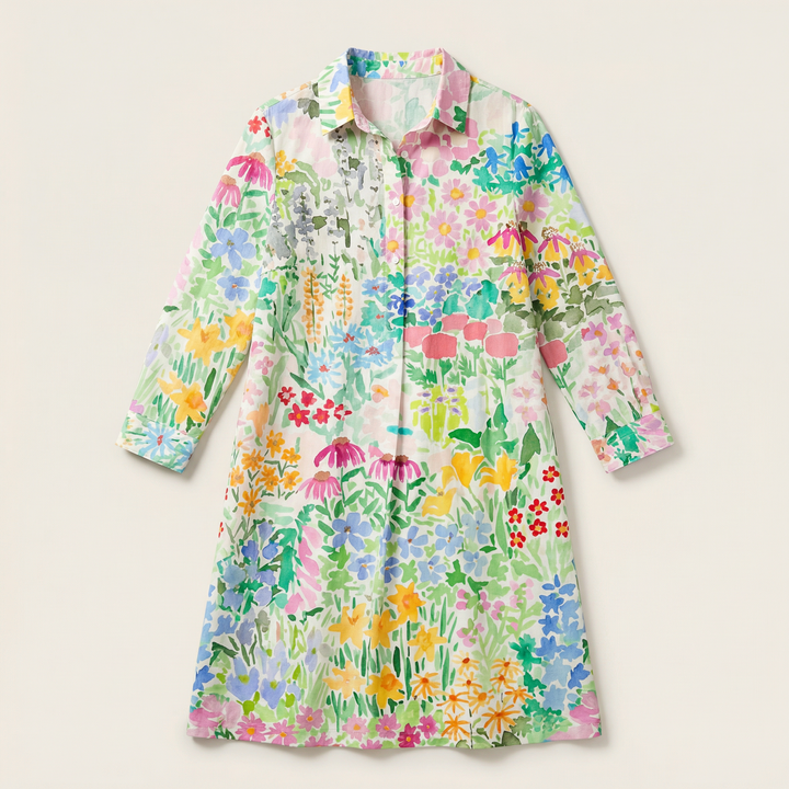 Women’s Floral Print Shirt Dress – Long Sleeve Button-Down Casual Midi Dress