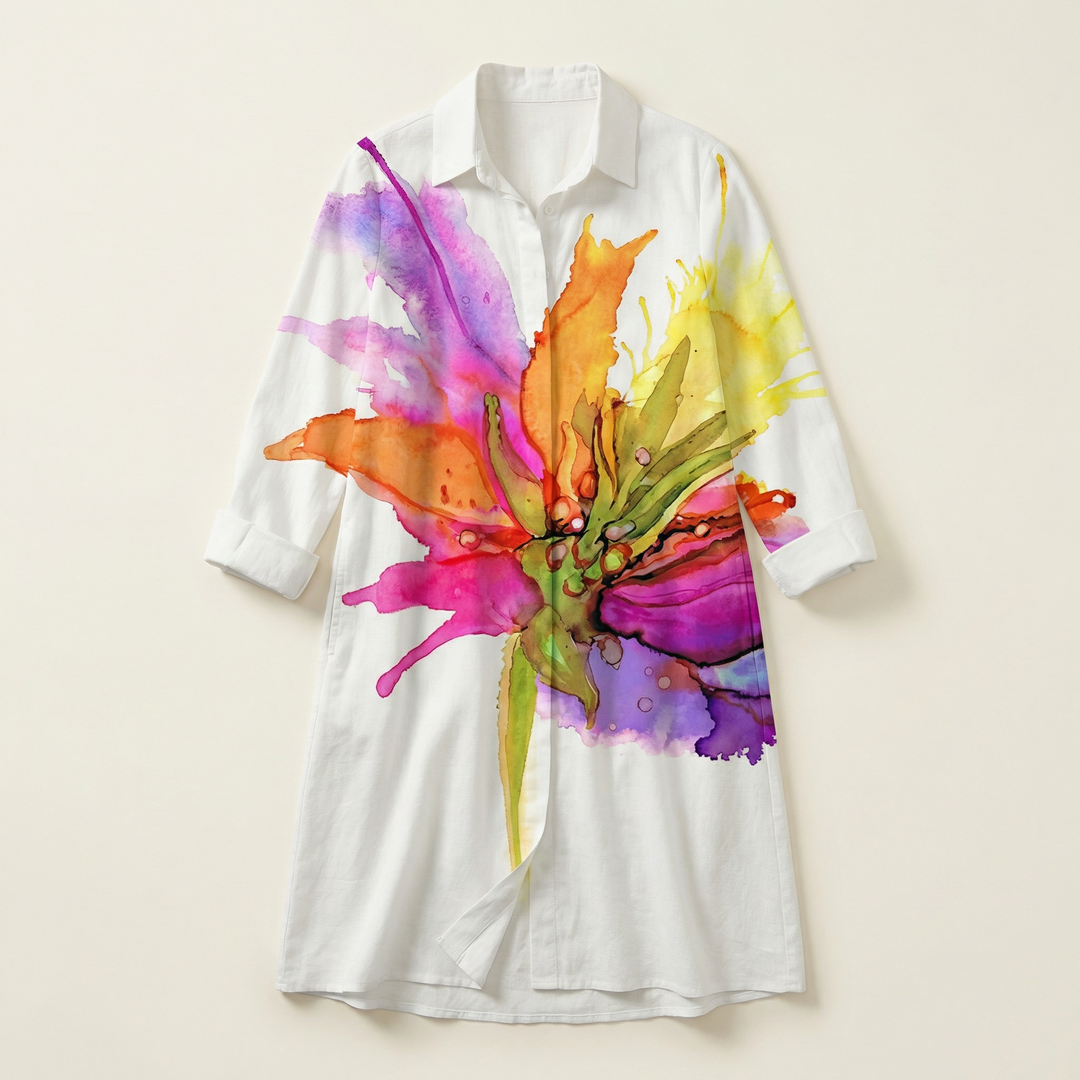 Women’s Floral Print Shirt Dress – Long Sleeve Button-Down Casual Midi Dress