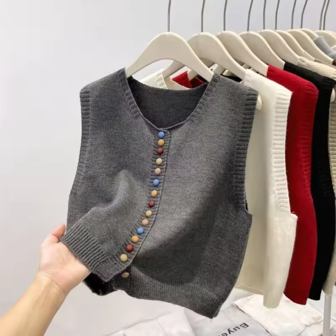 Women’s Knitted Vest – Sleeveless Button-Front Design
