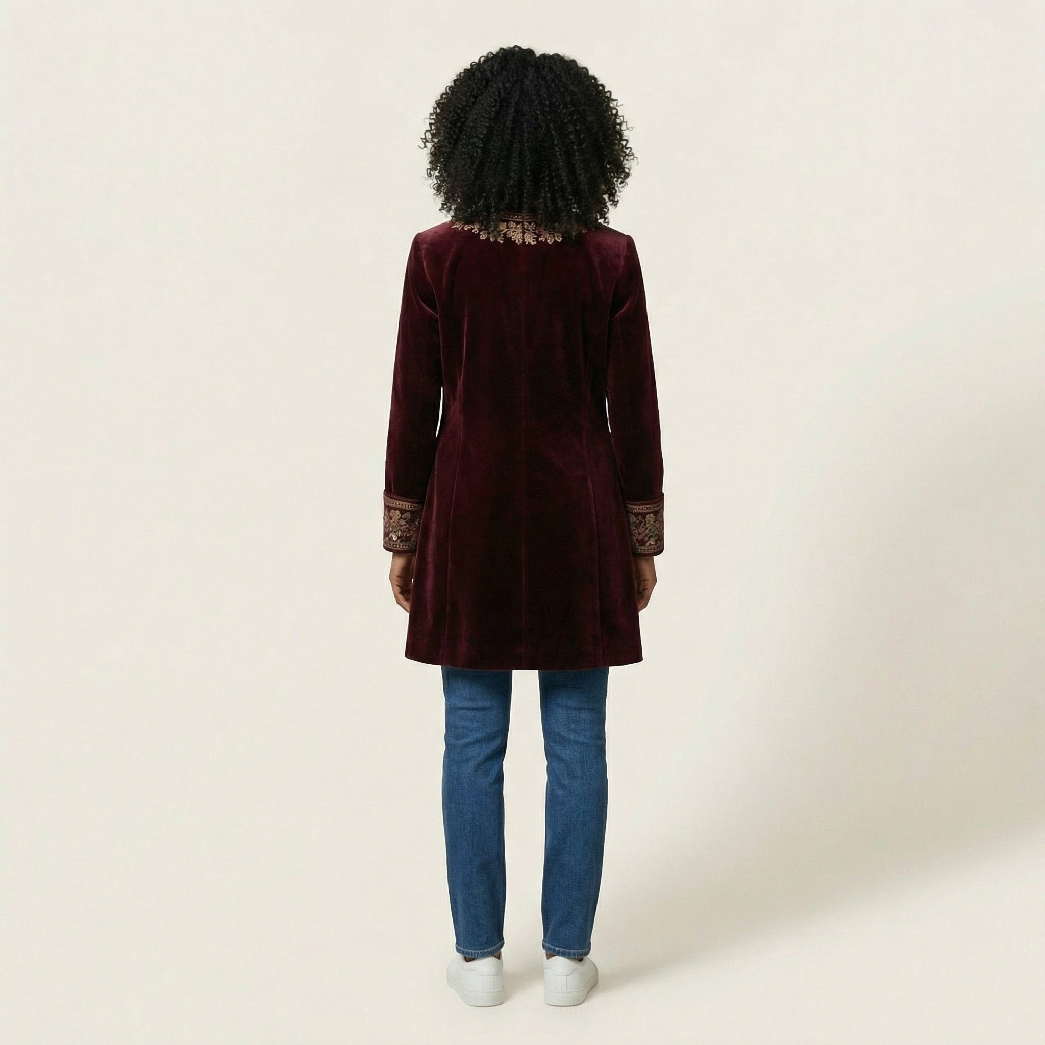 Women’s Long Coat – Embroidered Trim Design with Open Front