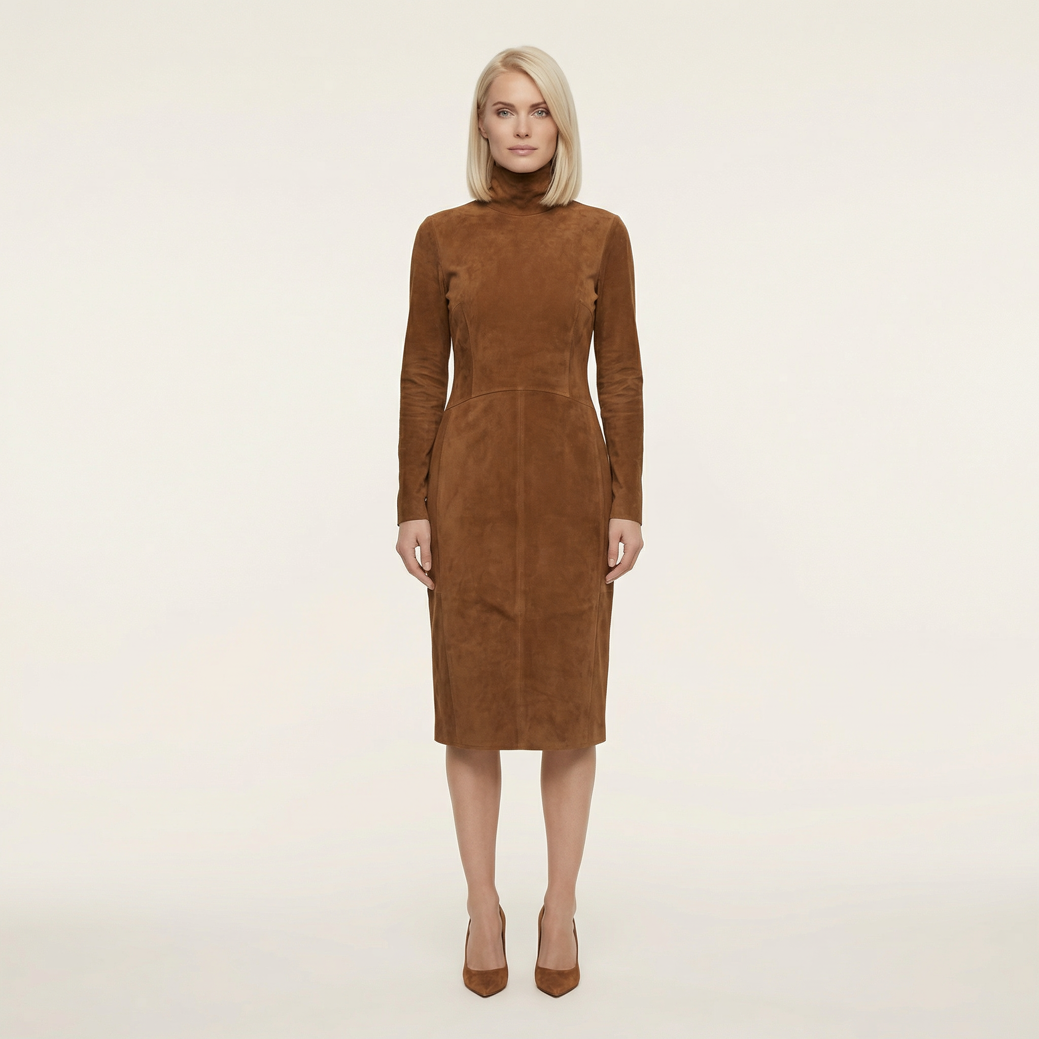 Women’s Long Sleeve Solid Color Midi Dress – High Neck Design