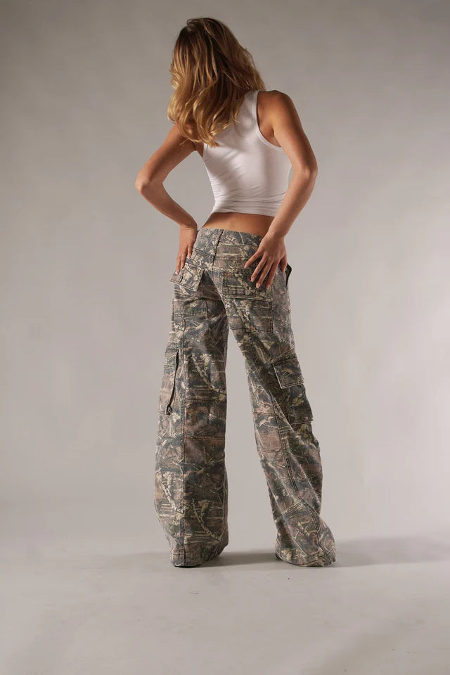 Women’s Patchwork Drawstring Denim Pants – Casual Wide Leg Utility Trousers