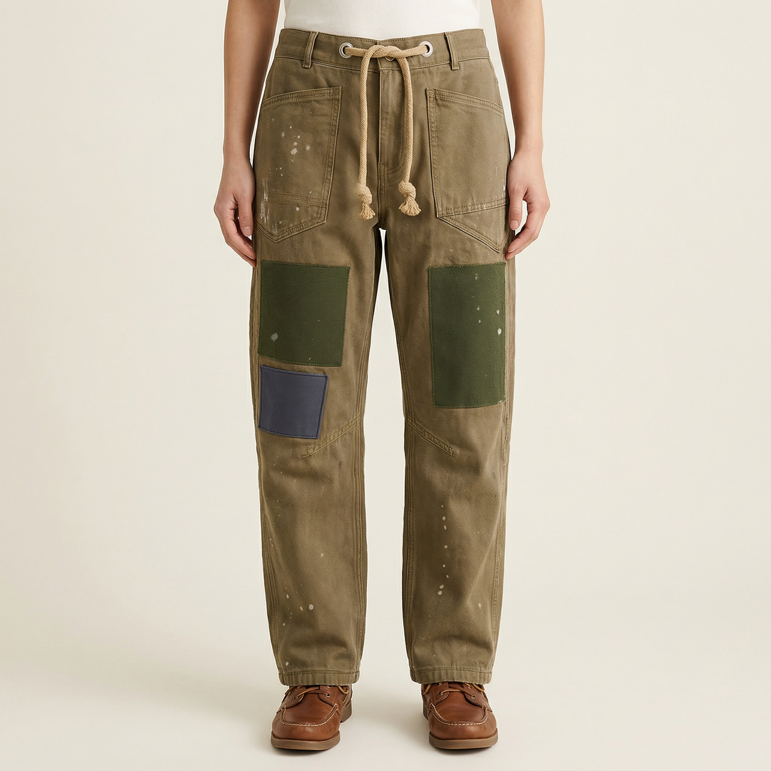 Women’s Patchwork Drawstring Pants – Casual Wide Leg Utility Trousers