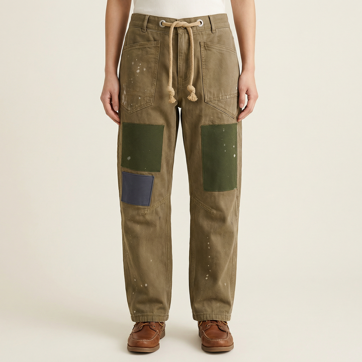 Women’s Patchwork Drawstring Pants – Casual Wide Leg Utility Trousers