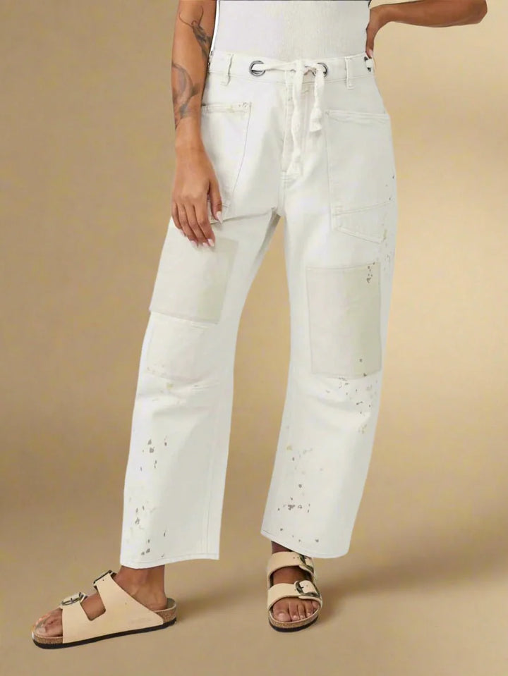 Women’s Patchwork Drawstring Pants – Casual Wide Leg Utility Trousers