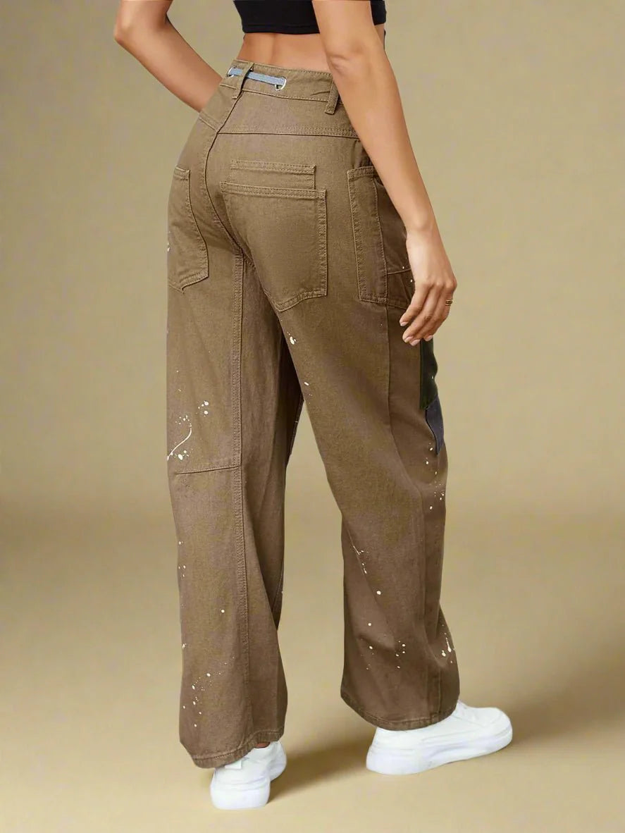 Women’s Patchwork Drawstring Pants – Casual Wide Leg Utility Trousers