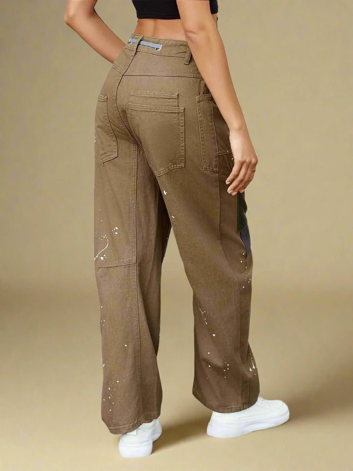 Women’s Patchwork Drawstring Pants – Casual Wide Leg Utility Trousers