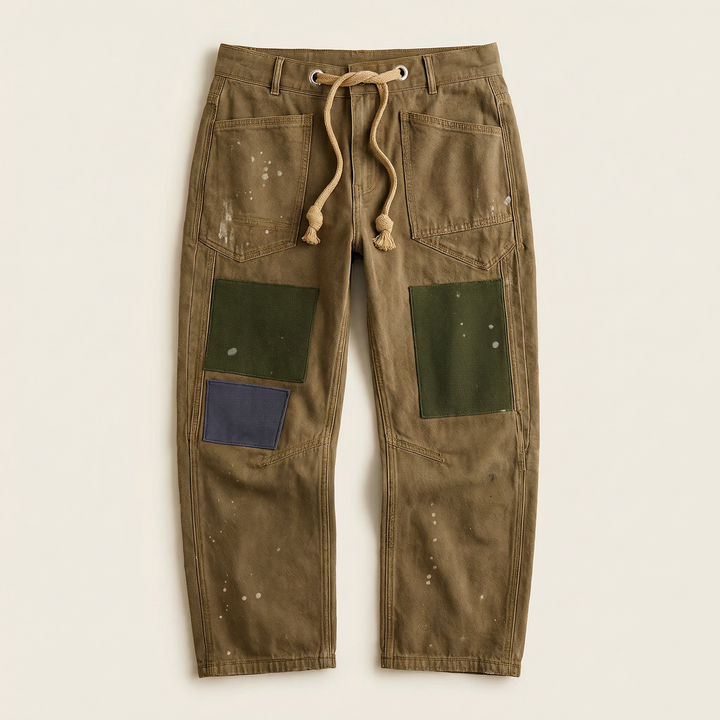 Women’s Patchwork Drawstring Pants – Casual Wide Leg Utility Trousers