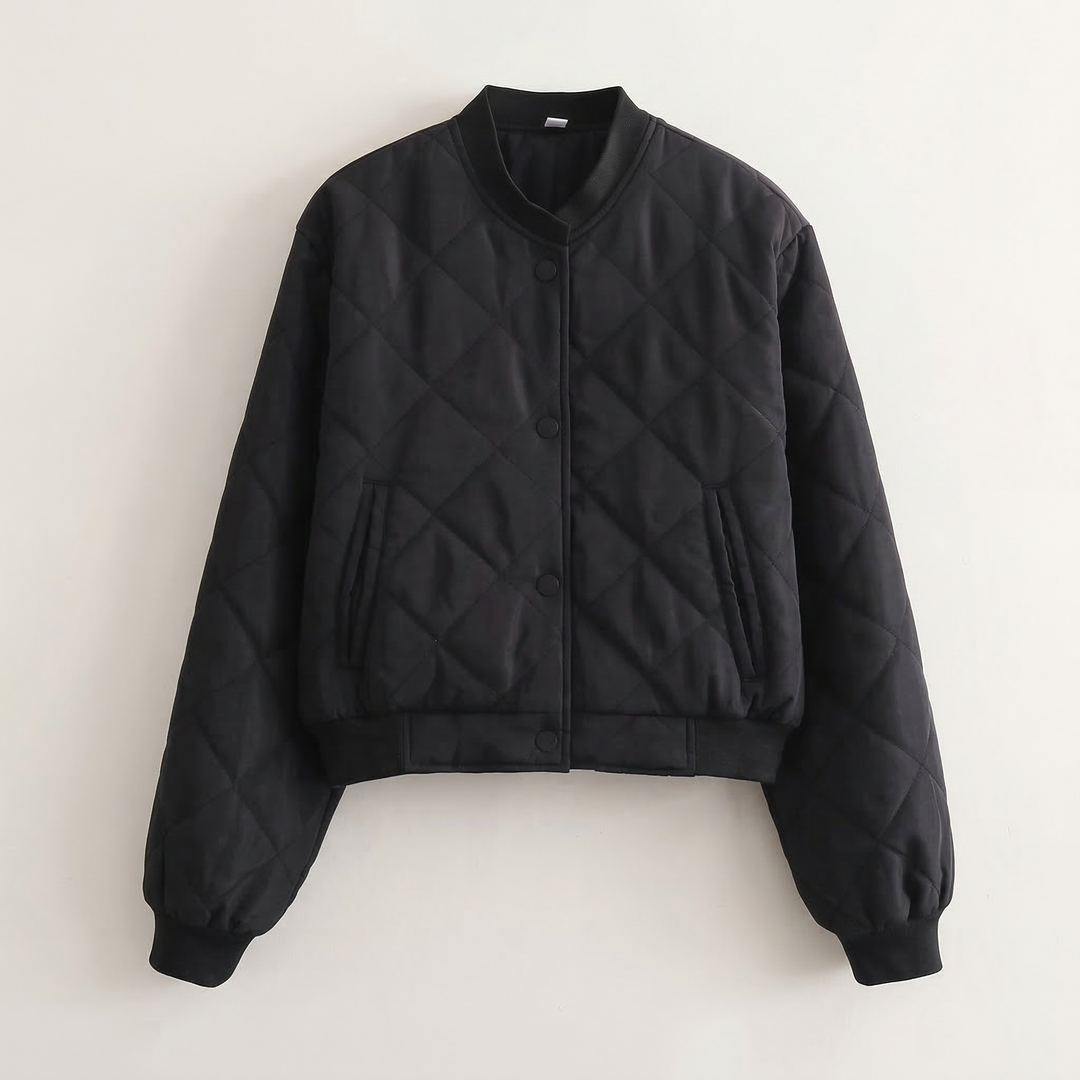 Women’s Quilted Bomber Jacket – Snap Button Front Design