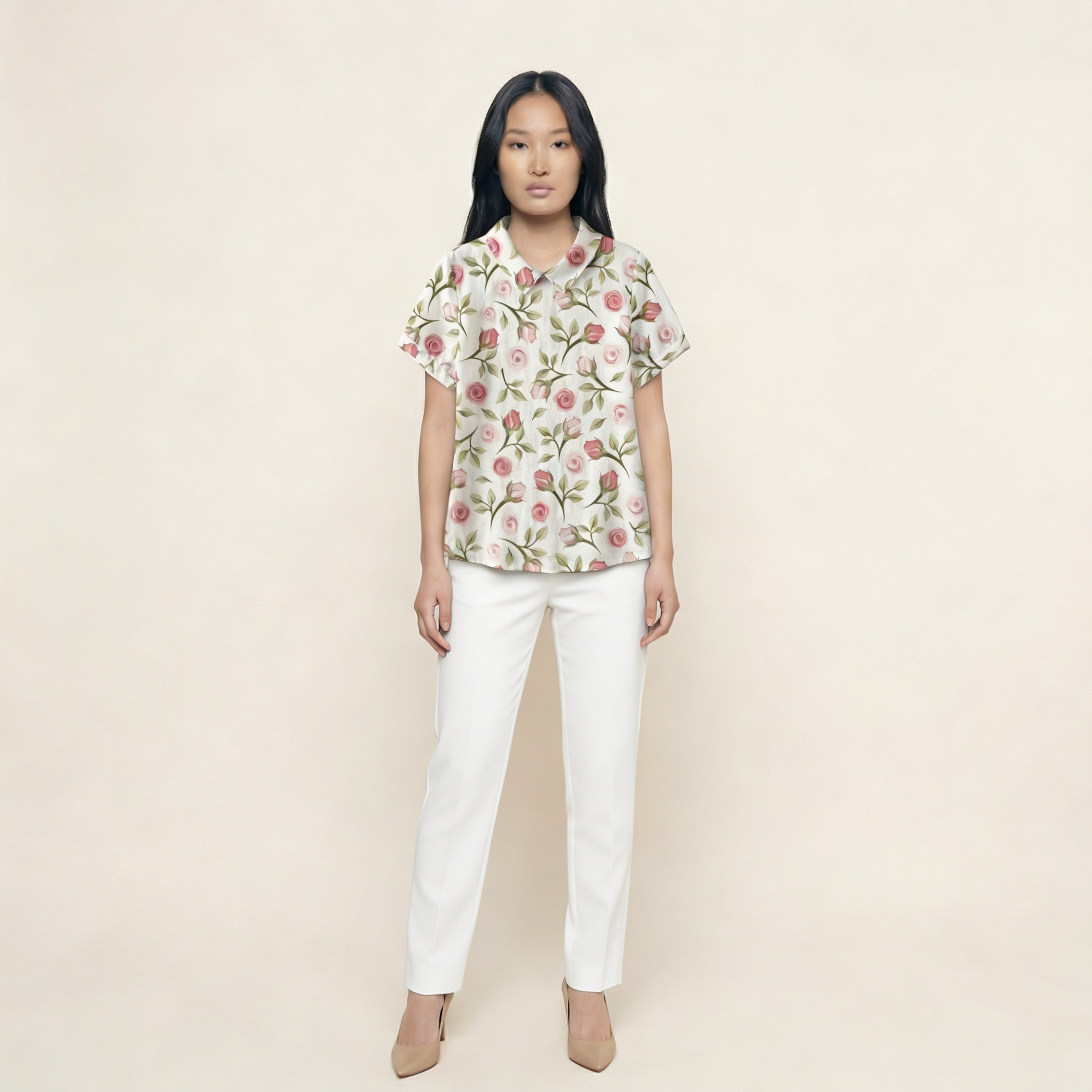 Women’s Short Sleeve Printed Shirt – Button Front