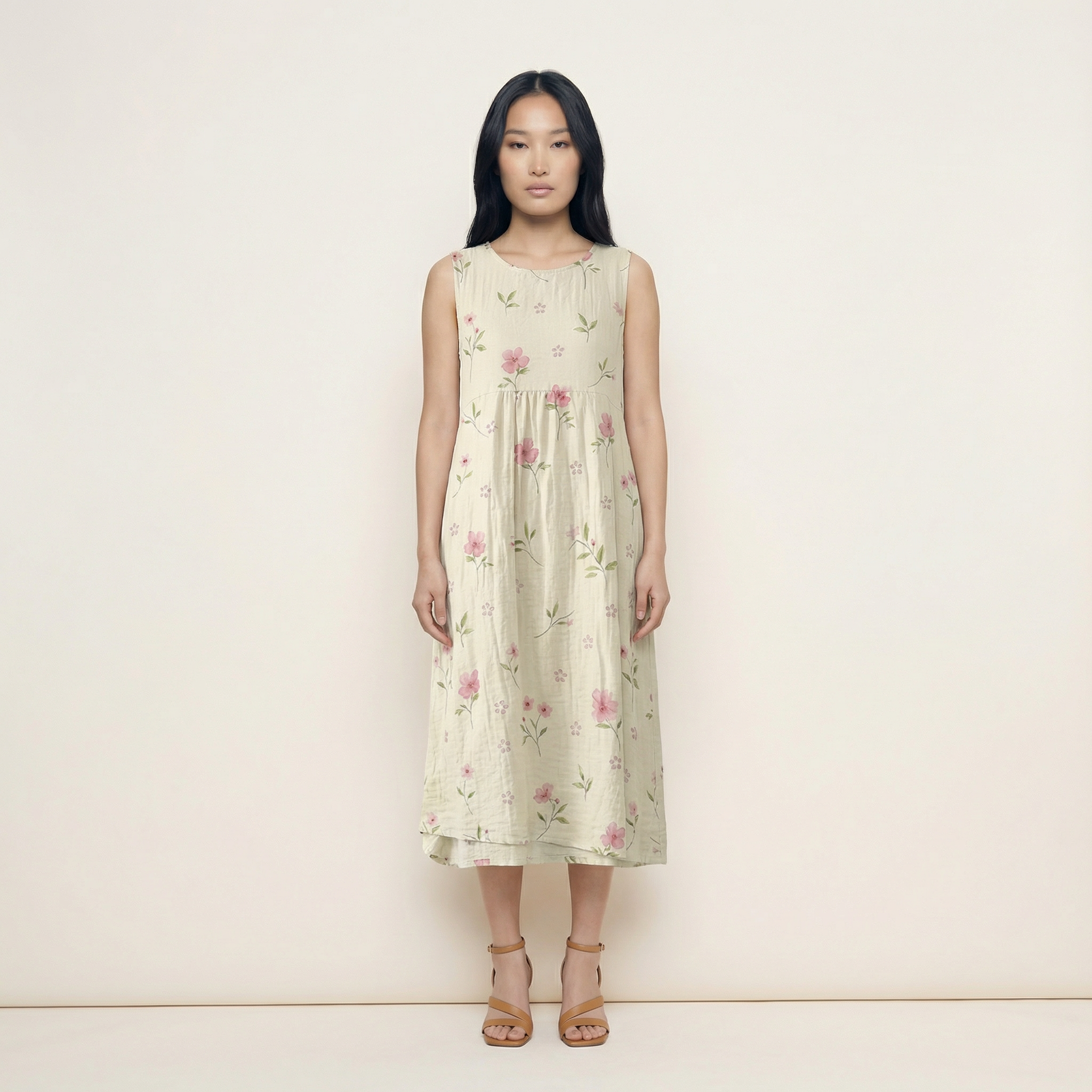 Women’s Sleeveless Printed Midi Dress – Floral Pattern