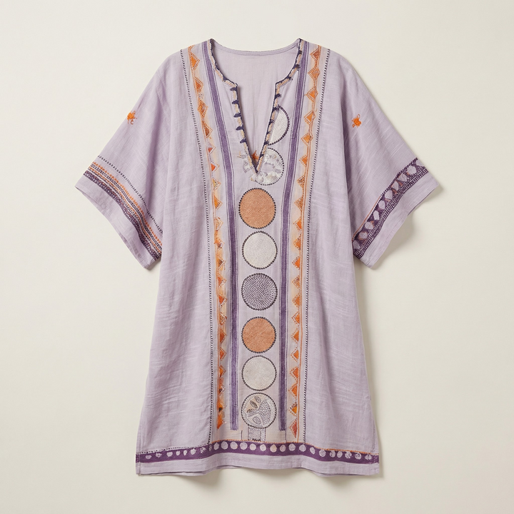 Women’s V-Neck Embroidered Mini Dress – Loose Fit Short Sleeve Casual Beach Dress