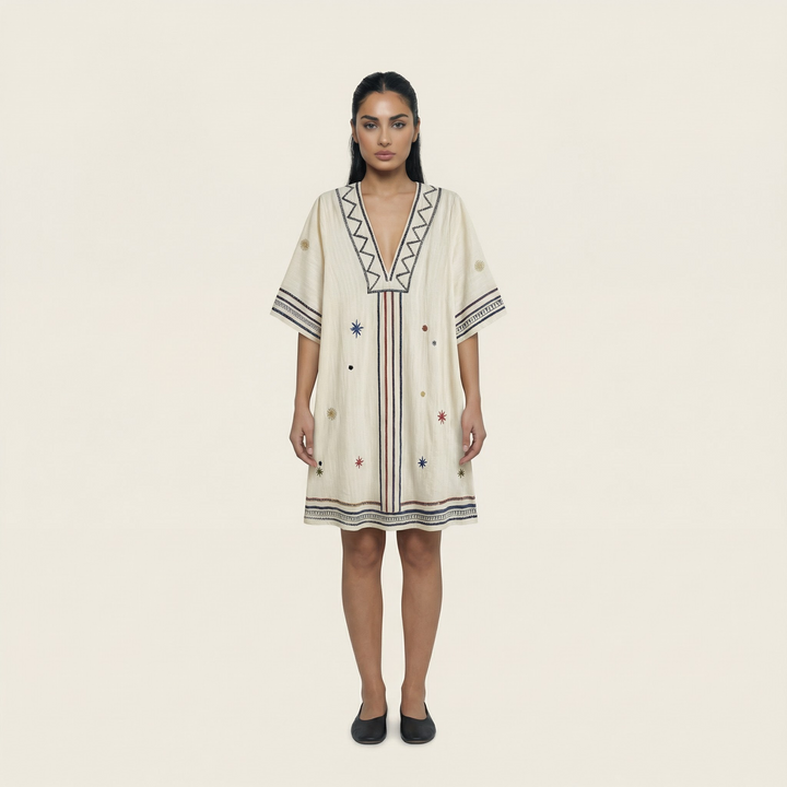 Women’s V-Neck Embroidered Mini Dress – Loose Fit Short Sleeve Casual Beach Dress