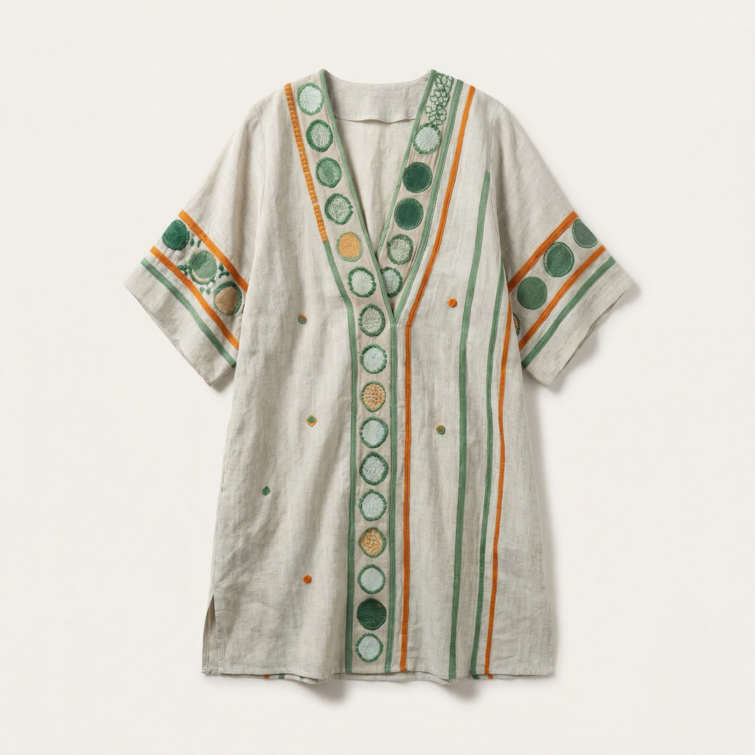 Women’s V-Neck Embroidered Mini Dress – Loose Fit Short Sleeve Casual Beach Dress