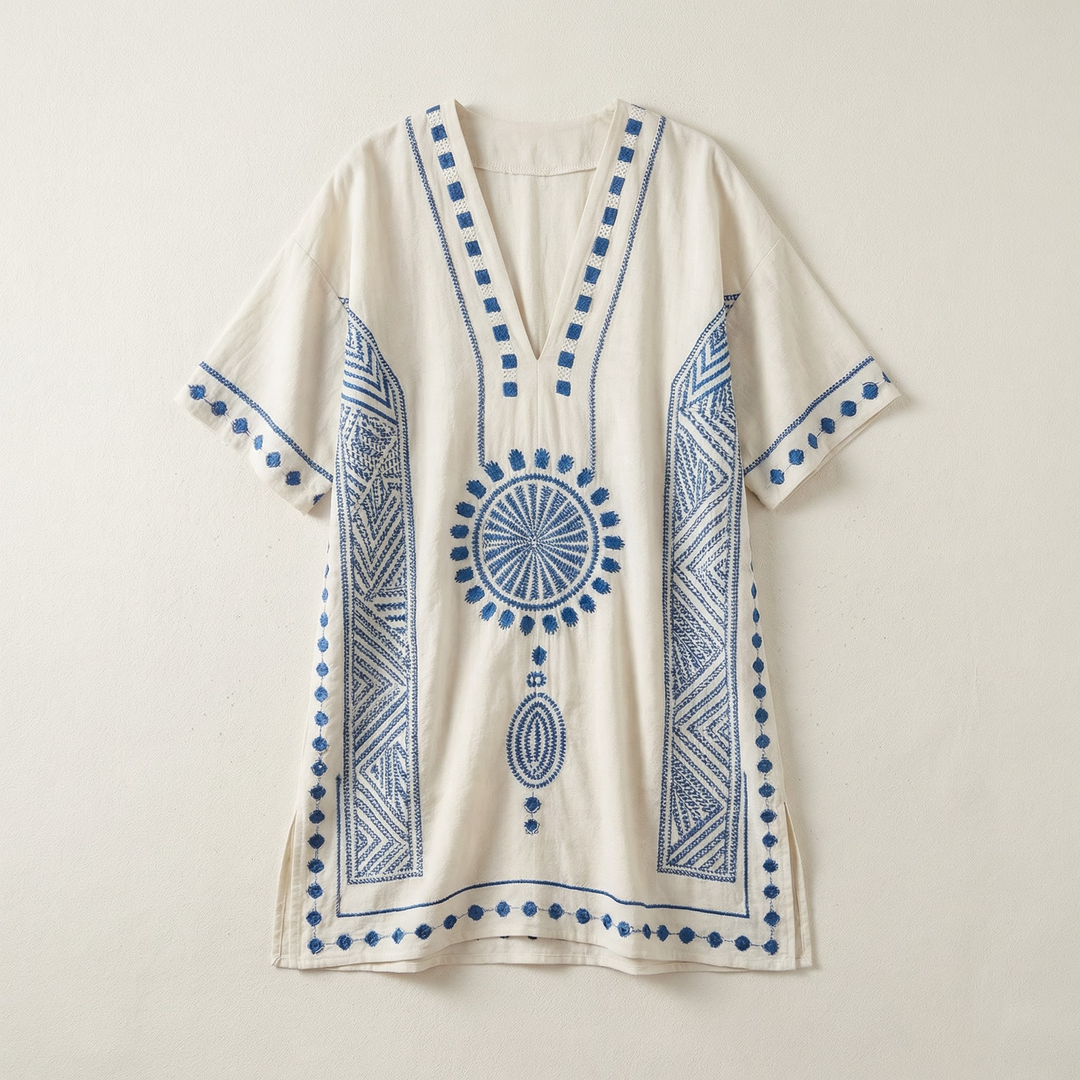 Women’s V-Neck Embroidered Mini Dress – Loose Fit Short Sleeve Casual Beach Dress