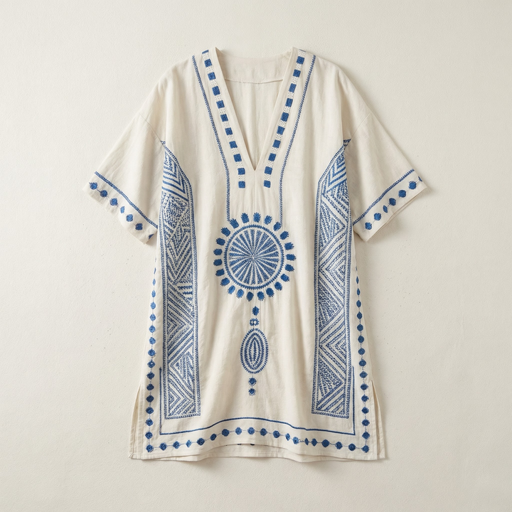 Women’s V-Neck Embroidered Mini Dress – Loose Fit Short Sleeve Casual Beach Dress