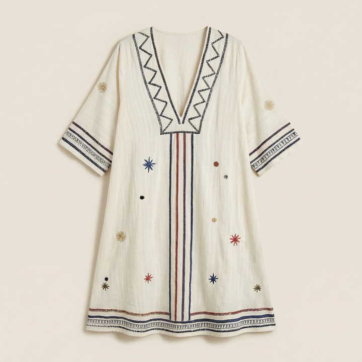 Women’s V-Neck Embroidered Mini Dress – Loose Fit Short Sleeve Casual Beach Dress