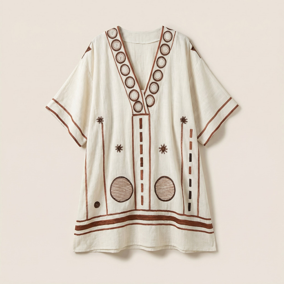 Women’s V-Neck Embroidered Mini Dress – Loose Fit Short Sleeve Casual Beach Dress