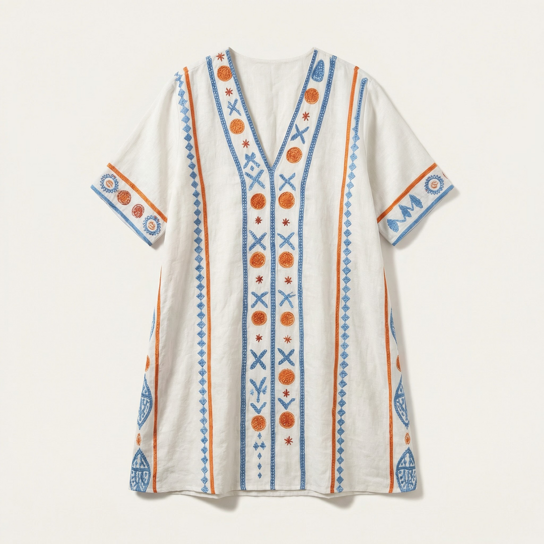 Women’s V-Neck Embroidered Mini Dress – Loose Fit Short Sleeve Casual Beach Dress