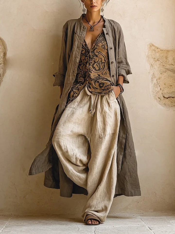 Cotton linen three-piece set with duster, printed vest and wide-leg pants for women