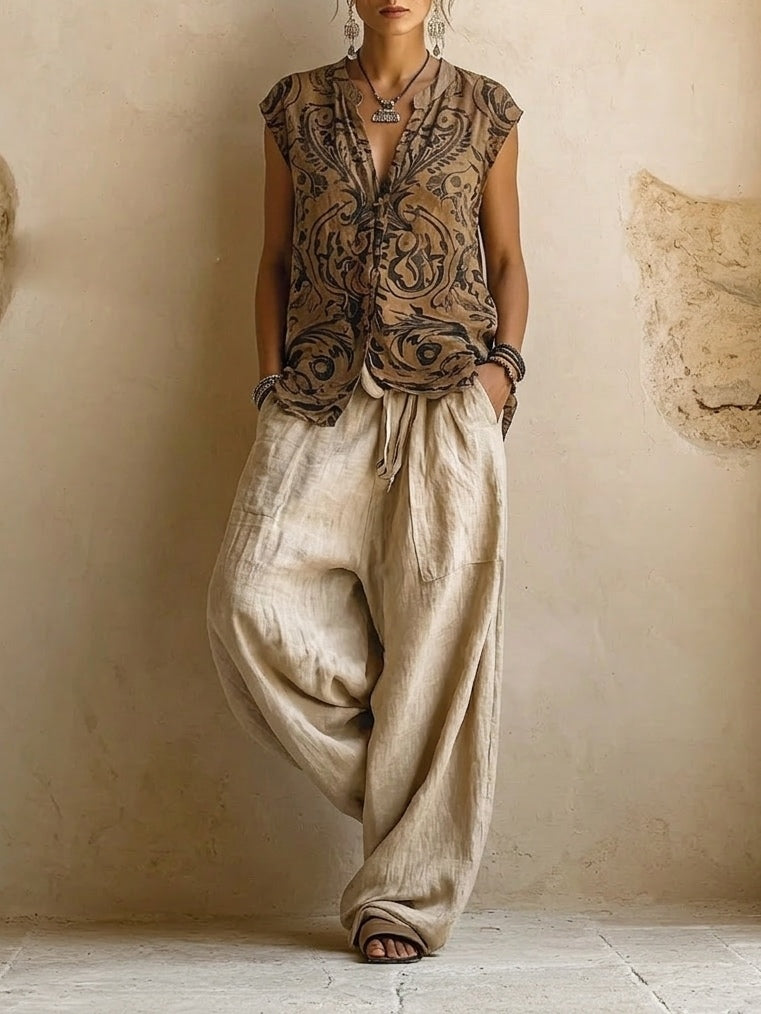 Cotton linen three-piece set with duster, printed vest and wide-leg pants for women