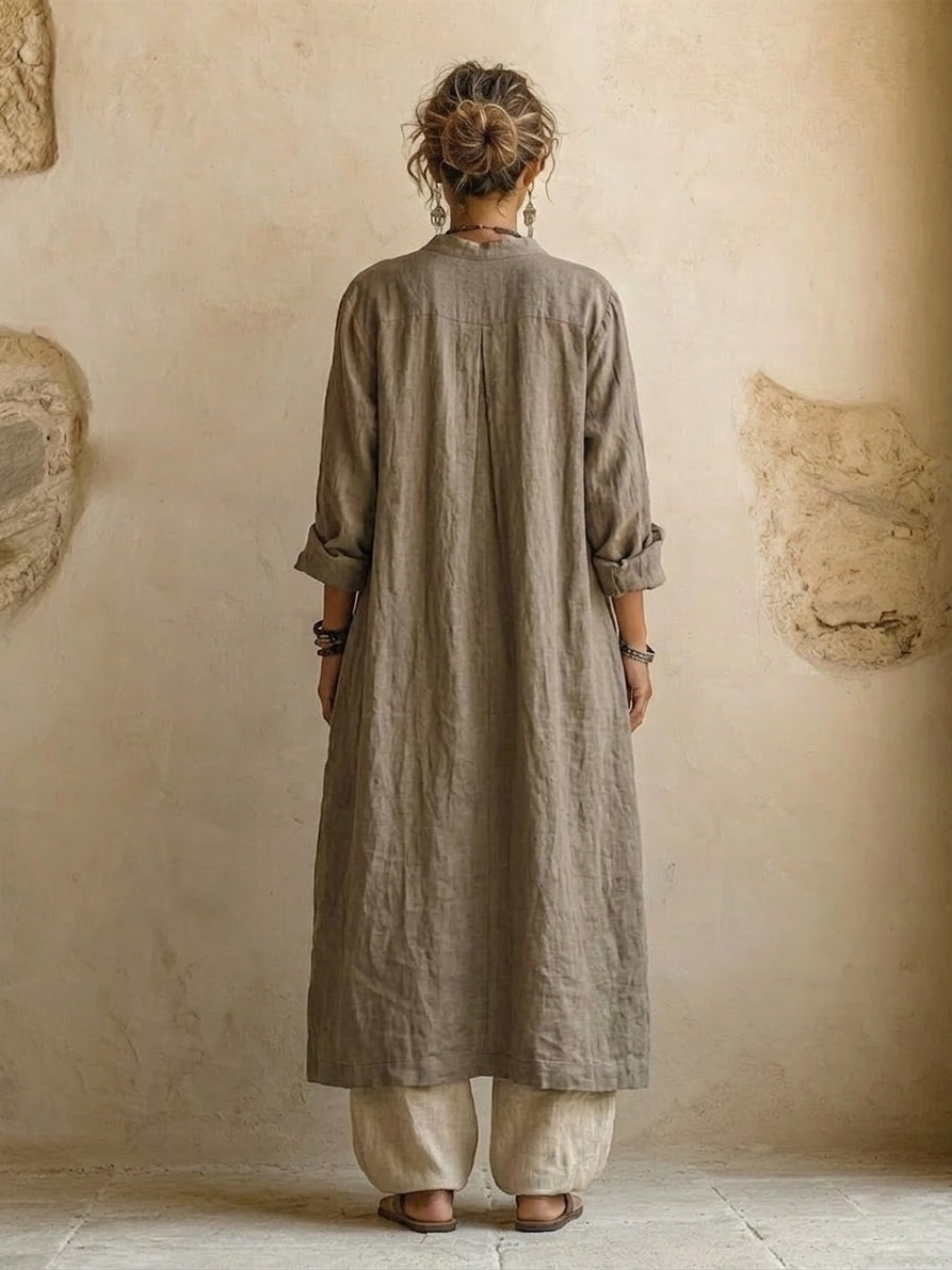 Cotton linen three-piece set with duster, printed vest and wide-leg pants for women