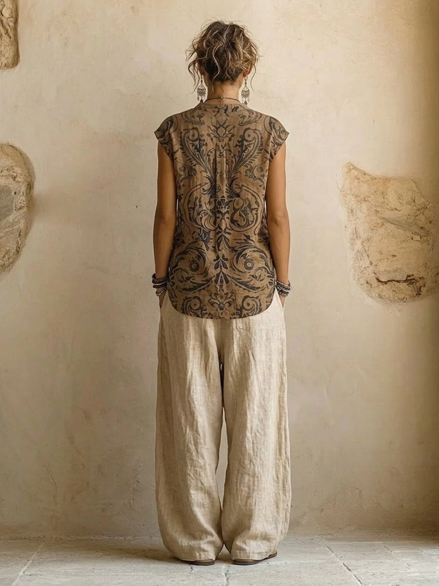 Cotton linen three-piece set with duster, printed vest and wide-leg pants for women