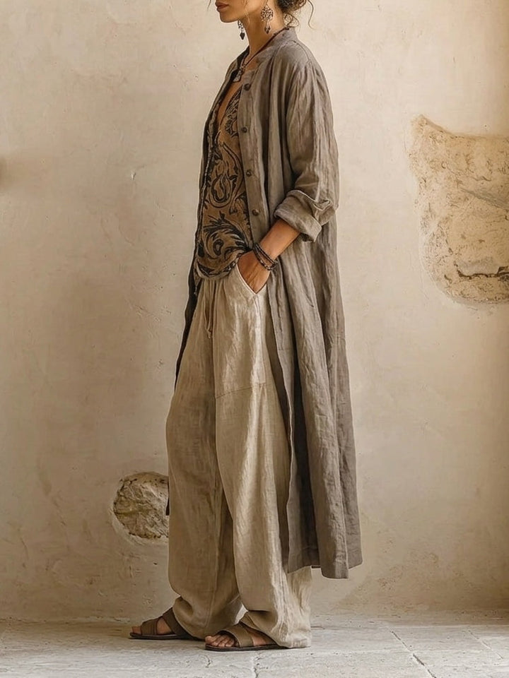 Cotton linen three-piece set with duster, printed vest and wide-leg pants for women