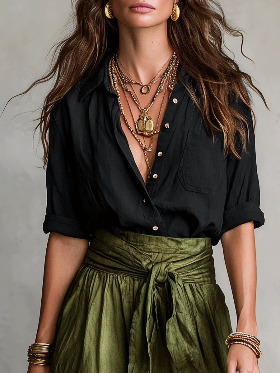 Two-piece set with button shirt and tie-waist midi skirt for women