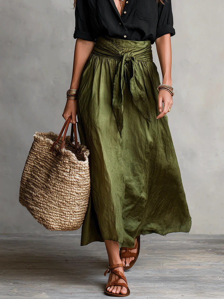 Two-piece set with button shirt and tie-waist midi skirt for women