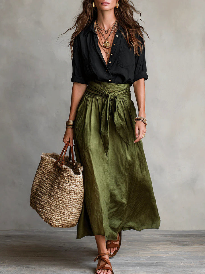 Two-piece set with button shirt and tie-waist midi skirt for women