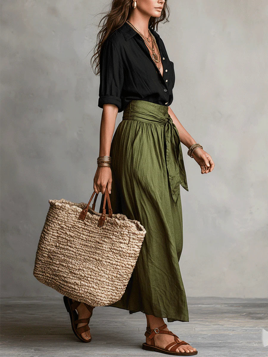 Two-piece set with button shirt and tie-waist midi skirt for women