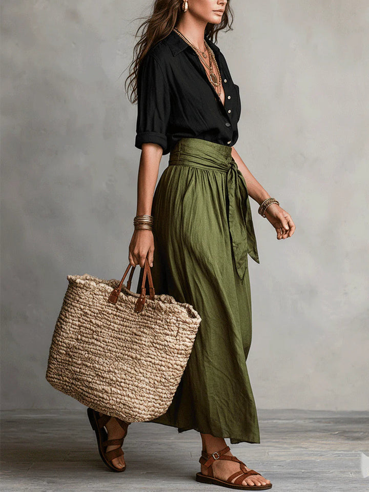 Two-piece set with button shirt and tie-waist midi skirt for women
